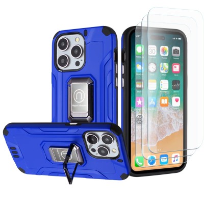 For iPhone 15 Strong Tough Metallic Design Hybrid Premium Kicstand + 3X Tempered Glass - Blue