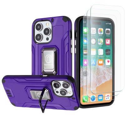 For iPhone 15 Strong Tough Metallic Design Hybrid Premium Kicstand + 3X Tempered Glass - Dark Purple