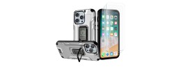 For iPhone 15 Strong Tough Metallic Design Hybrid Premium Kicstand + 3X Tempered Glass - Grey
