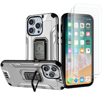 For iPhone 15 Strong Tough Metallic Design Hybrid Premium Kicstand + 3X Tempered Glass - Grey