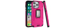 For iPhone 15 Strong Tough Metallic Design Hybrid Premium Kicstand + 3X Tempered Glass - Hot Pink