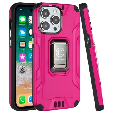 For iPhone 15 Strong Tough Metallic Design Hybrid Premium Kicstand + 3X Tempered Glass - Hot Pink