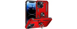 For iPhone 15 Strong Tough Metallic Design Hybrid Premium Kicstand + 3X Tempered Glass - Red