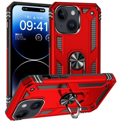 For iPhone 15 Strong Tough Metallic Design Hybrid Premium Kicstand + 3X Tempered Glass - Red