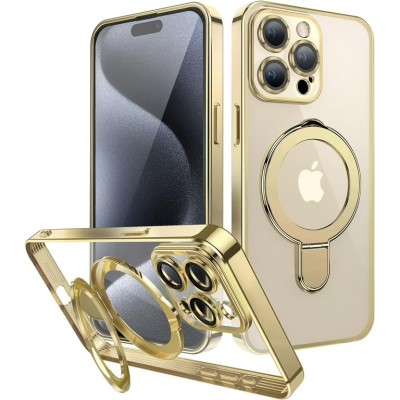 For iPhone 15 Strong Tough Metallic Design Hybrid Premium Kicstand + 3X Tempered Glass - Rose Gold