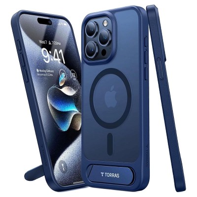 For iPhone 15 Strong Tough Metallic Design Hybrid Premium Kicstand - Dark Blue