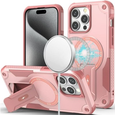 For iPhone 15 Sturdy Bracket Kickstand Magnetic Hybrid - Pink