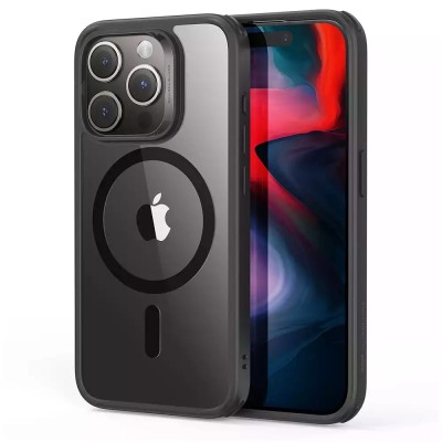 For iPhone 15 Transparent Clear Hybrid with Matching Metal Buttons and Camera Protection - Black