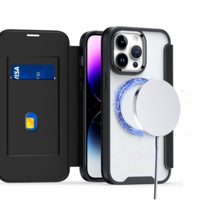 For iPhone 15 Flap [Magnetic Circle] Transparent Hybrid - Black