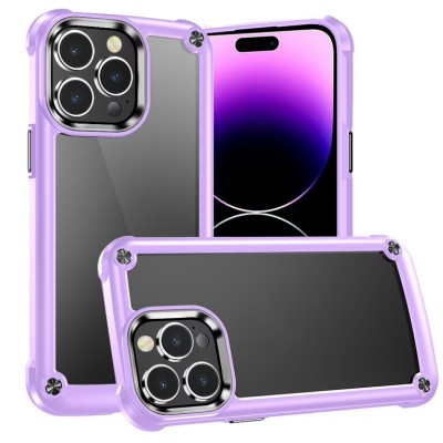 For iPhone 15 Ultimate CaseX Transparent Hybrid Case with Metal Buttons And Camera Edges - Light Purple