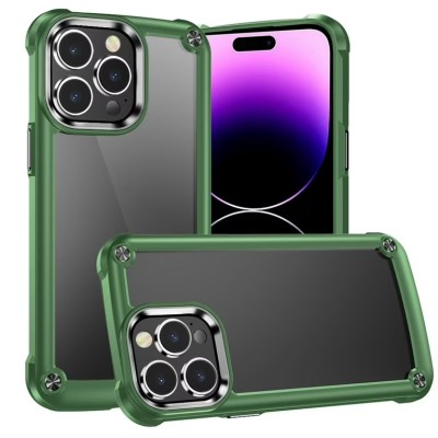 For iPhone 15 Ultimate CaseX Transparent Hybrid Case with Metal Buttons And Camera Edges - Might Green