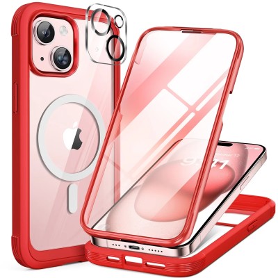 For iPhone 15 Ultimate CaseX Transparent Hybrid Case with Metal Buttons And Camera Edges - Red