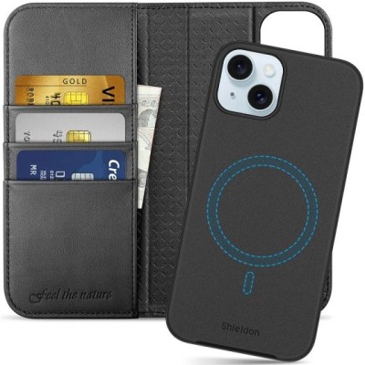For iPhone 15 Wallet Premium PU Vegan Leather ID Card Money Holder with Magnetic Closure - Black