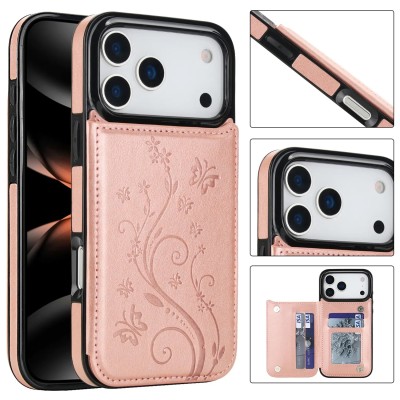 For iPhone 15 Wallet Premium PU Vegan Leather ID Card Money Holder with Magnetic Closure - Rose Gold