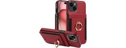 For iPhone 15 Wallet Premium PU Vegan Leather ID Multiple Card Holder Money with Strap - Red