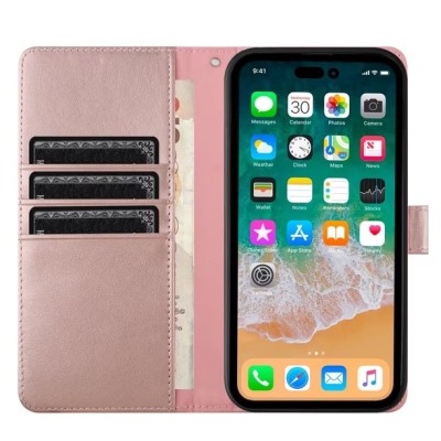 For iPhone 15 Wallet Premium PU Vegan Leather ID Multiple Card Holder Money with Strap - Rose Gold