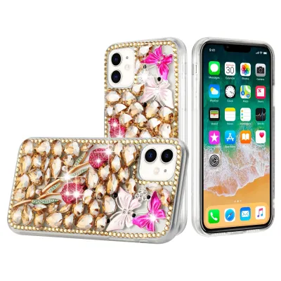 For iPhone 15 Full Diamond with Ornaments Case Cover - Gold Exquisite Garden