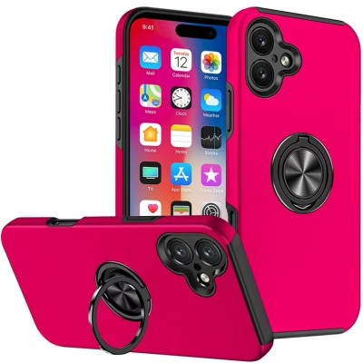 For iPhone 16 6.1 inch CHIEF Oil Painted Magnetic Ring Stand Hybrid Case Cover - Hot Pink