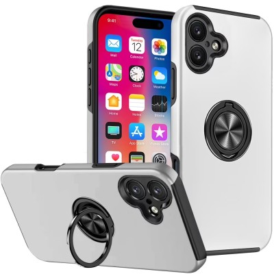 For iPhone 16 6.1 inch CHIEF Oil Painted Magnetic Ring Stand Hybrid Case Cover - Silver