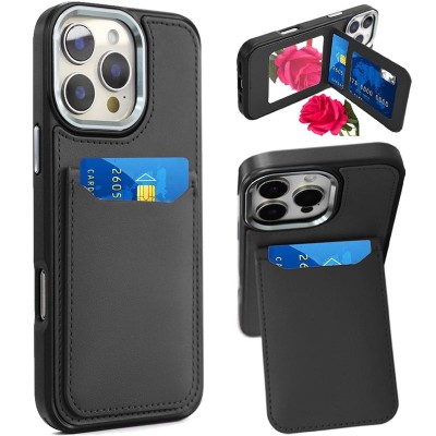 For iPhone 16 6.1 inch Card Holder with Mirror Inside PU Leather Hybrid Case - Black