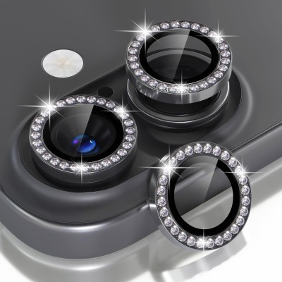For iPhone 16 6.1 inch Diamond Bling Camera Lens Full Tempered Glass - Black