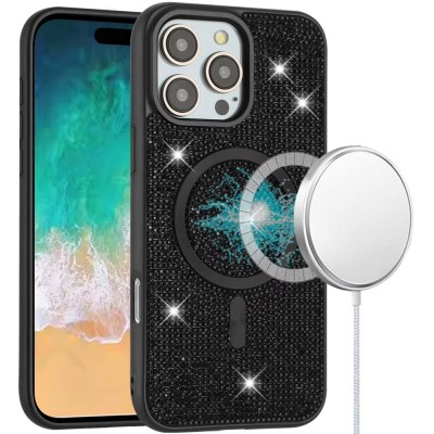 For iPhone 16 6.1 inch Diamond [Magnetic Circle] with CD Pattern Hybrid - Black