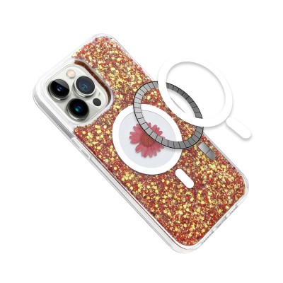For iPhone 16 6.1 inch Epoxy Glitter Shimmer [Magnetic Circle] Hybrid Case - Red