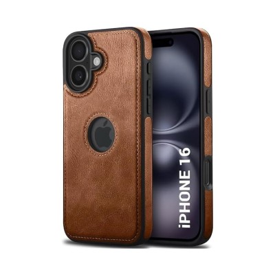 For iPhone 16 6.1 inch Fashion PU Vegan Chrome Edged Case Cover - Brown