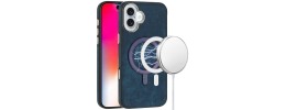 For iPhone 16 6.1 inch Fashion PU Vegan Chrome Edged Case Cover - Dark Blue