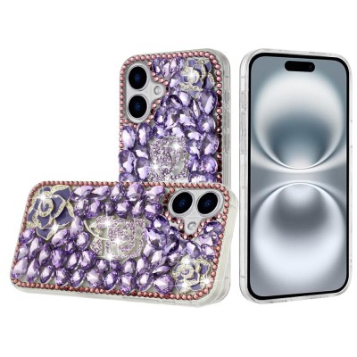 For iPhone 16 6.1 inch Floral Full Diamond Bling Case Cover - Purple