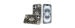 For iPhone 16 6.1 inch Floral Full Diamond Bling Case Cover - Smoke