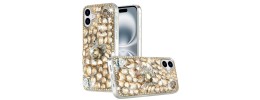 For iPhone 16 6.1 inch Full Diamond with Ornaments Hard TPU Case Cover - Gold Swan Crown Pearl