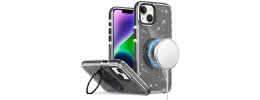 For iPhone 16 6.1 inch Glitz HQ Shimmer Glitter [Magnetic Ring Circle] with 360 degree Rotational Ring Kickstand Tough Hybrid Case - Black