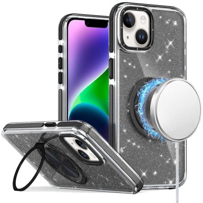 For iPhone 16 6.1 inch Glitz HQ Shimmer Glitter [Magnetic Ring Circle] with 360 degree Rotational Ring Kickstand Tough Hybrid Case - Black