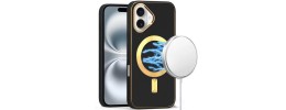 For iPhone 16 6.1 inch Hoop Kickstand [Magnetic Circle] HD Transparent Chrome Hybrid - Black