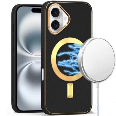 For iPhone 16 6.1 inch Hoop Kickstand [Magnetic Circle] HD Transparent Chrome Hybrid - Black