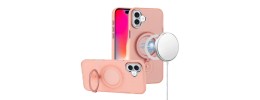 For iPhone 16 6.1 inch Hoop Kickstand [Magnetic Circle] HD Transparent Chrome Hybrid - Pink