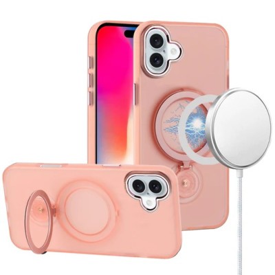 For iPhone 16 6.1 inch Hoop Kickstand [Magnetic Circle] HD Transparent Chrome Hybrid - Pink