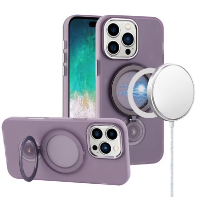 For iPhone 16 6.1 inch Hoop Kickstand [Magnetic Circle] HD Transparent Chrome Hybrid - Purple