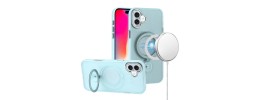 For iPhone 16 6.1 inch Hoop Kickstand [Magnetic Circle] HD Transparent Chrome Hybrid - Sky Blue