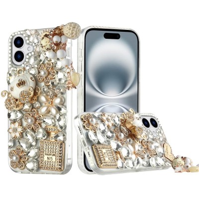 For iPhone 16 6.1 inch Jewel Full Diamond Bling Case Cover - Gold