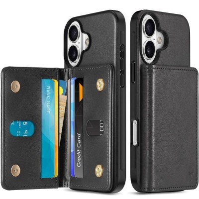 For iPhone 16 6.1 inch Jewel Wallet Design with Stitched PU Leather ID Card Money Holder Zipper Case - Black