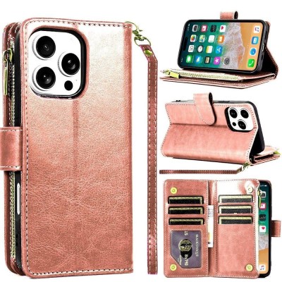 For iPhone 16 6.1 inch Jewel Wallet Design with Stitched PU Leather ID Card Money Holder Zipper Case - Pink