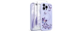 For iPhone 16 6.1 inch Lavished Floral Butterfly Bling Stones Hybrid Case - Purple