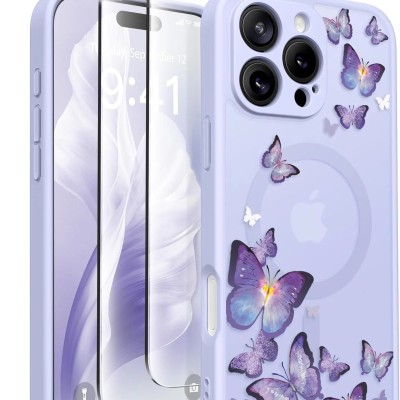 For iPhone 16 6.1 inch Lavished Floral Butterfly Bling Stones Hybrid Case - Purple
