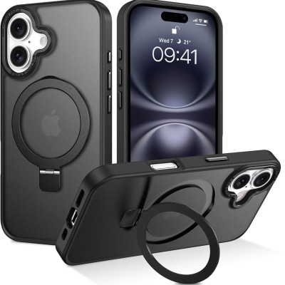 For iPhone 16 6.1 inch Loop Hybrid with [Magnetic Ring Circle] 360 degrees Rotational Kickstand Case Cover - Black