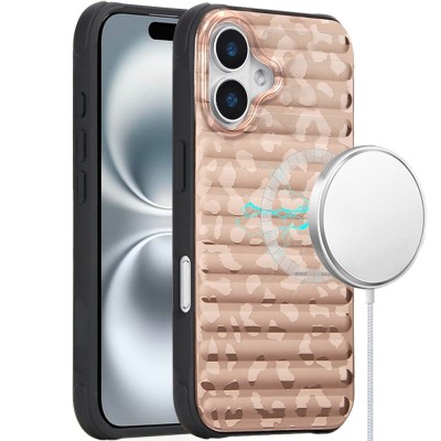 For iPhone 16 6.1 inch Magnetic Chrome Case - Rose Gold Leopard