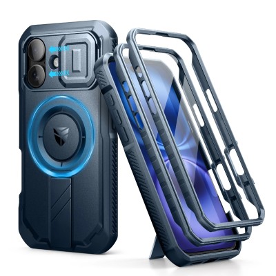 For iPhone 16 6.1 inch Magnetic Heavy Duty Hybrid Case with Rotational Stand - Dark Blue