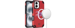 For iPhone 16 6.1 inch Magnetic Heavy Duty Hybrid Case with Rotational Stand - Red