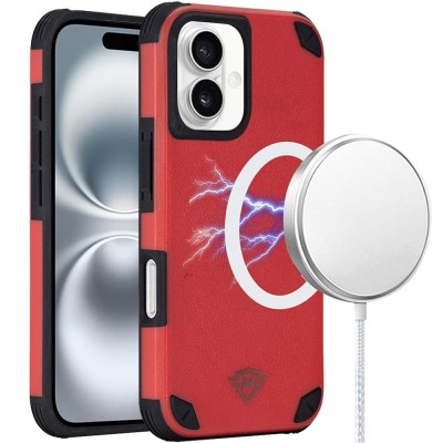 For iPhone 16 6.1 inch Magnetic Heavy Duty Hybrid Case with Rotational Stand - Red
